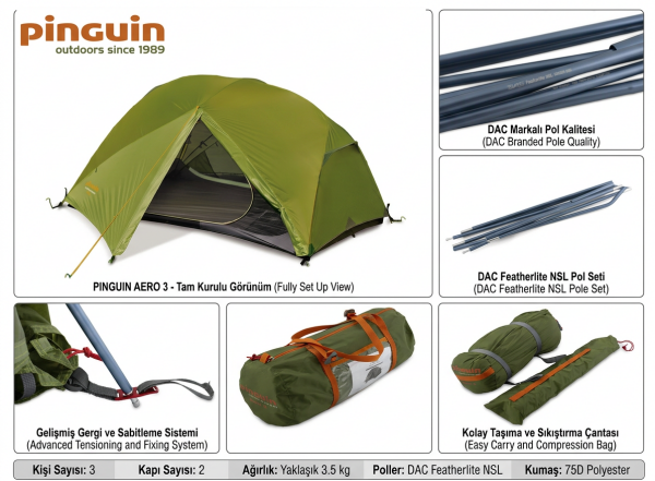 Pinguin Aero 3 Yeşil Çadır