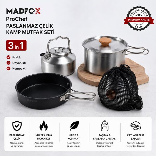 Madfox ProChef 3IN1 Paslanmaz Çelik Kamp Mutfak Seti