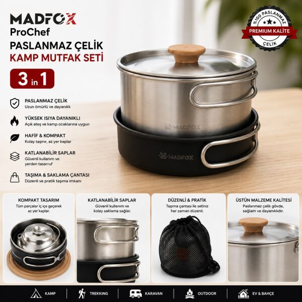 Madfox ProChef 3IN1 Paslanmaz Çelik Kamp Mutfak Seti
