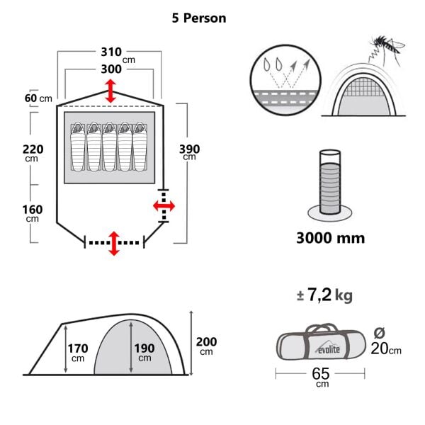 Evolite Excamp 5 Pro Sun Fresh Aile Çadırı UPF80