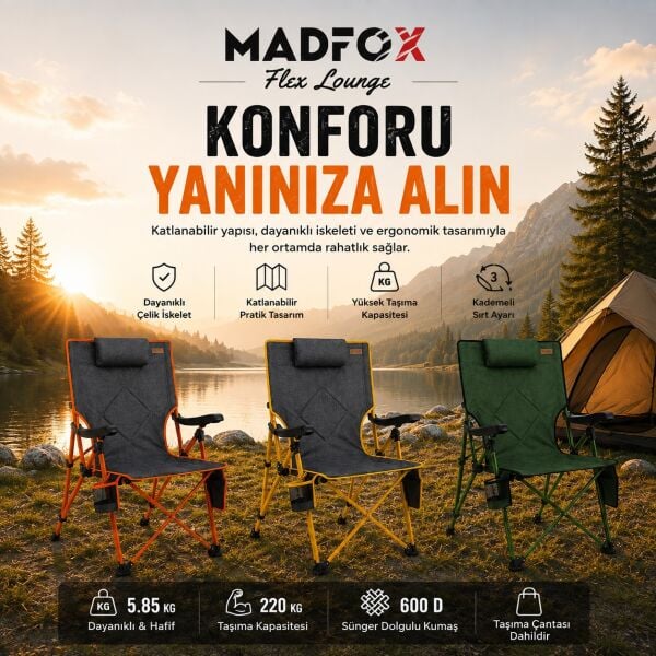 Madfox FlexLounge 3X Katlanabilir Kamp Sandalyesi Steel Mustard